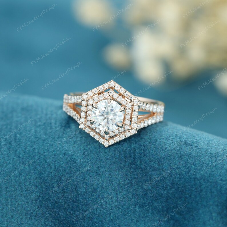 Hexagon Moissanite Engagement Ring Rose Gold Halo Moissanite Etsy