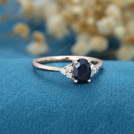 Oval Cut Black Sapphire Engagement Ring Rose Gold Unique Diamond