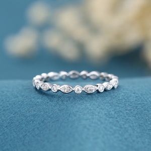 Moissanite wedding band vintage white gold marquise cut ring Full eternity band Stacking Matching band Bridal antique Promise gift for women