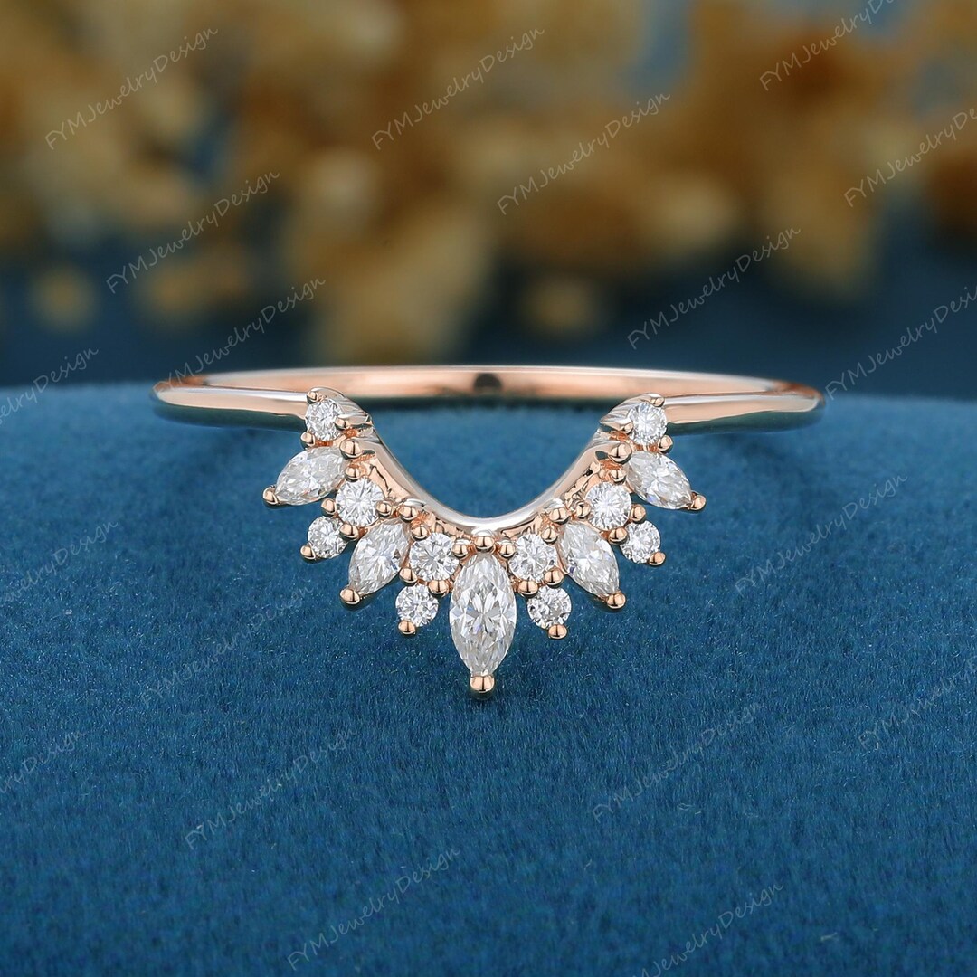 Marquise Cut Moissanite Curved Wedding Band Vintage 10K/14K Rose Gold ...