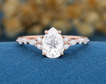 Pear Shaped moissanite engagement ring Vintage 10K/14K/18K Rose Gold floral propose diamond ring Unique bridal promise ring FYMJewelryDesign