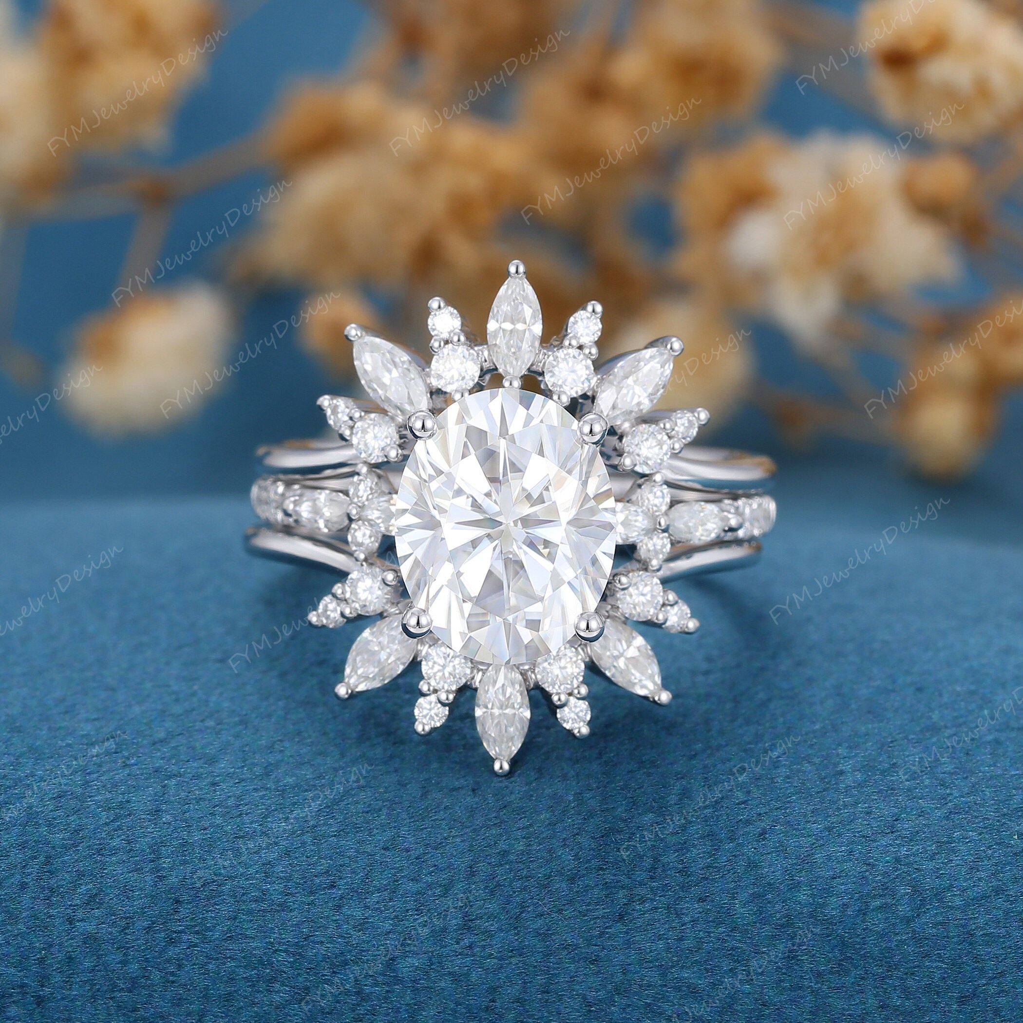 3PCS Oval Cut Moissanite Engagement Ring Set 3CT Vintage 14k White Gold ...