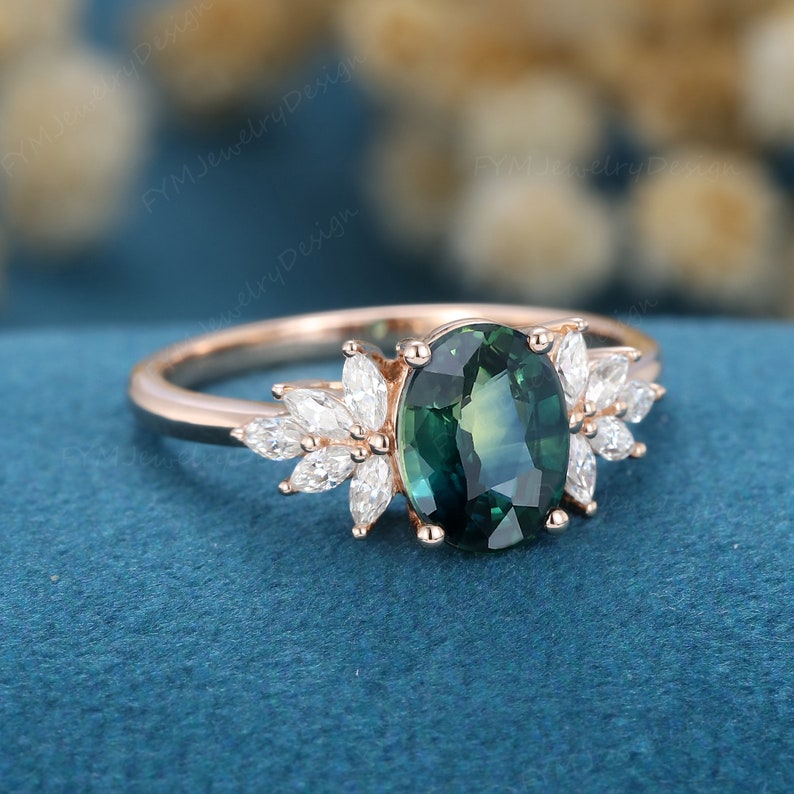 Oval Shaped Blue Green Sapphire Engagement Ring Set Vintage - Etsy UK