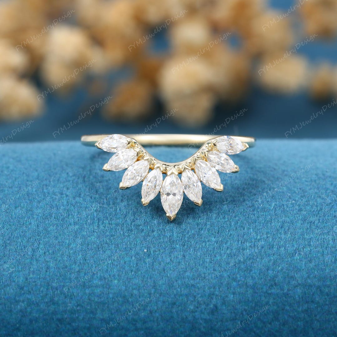 Marquise Cut Moissanite Curved Wedding Band Vintage Rose Gold Art Deco ...