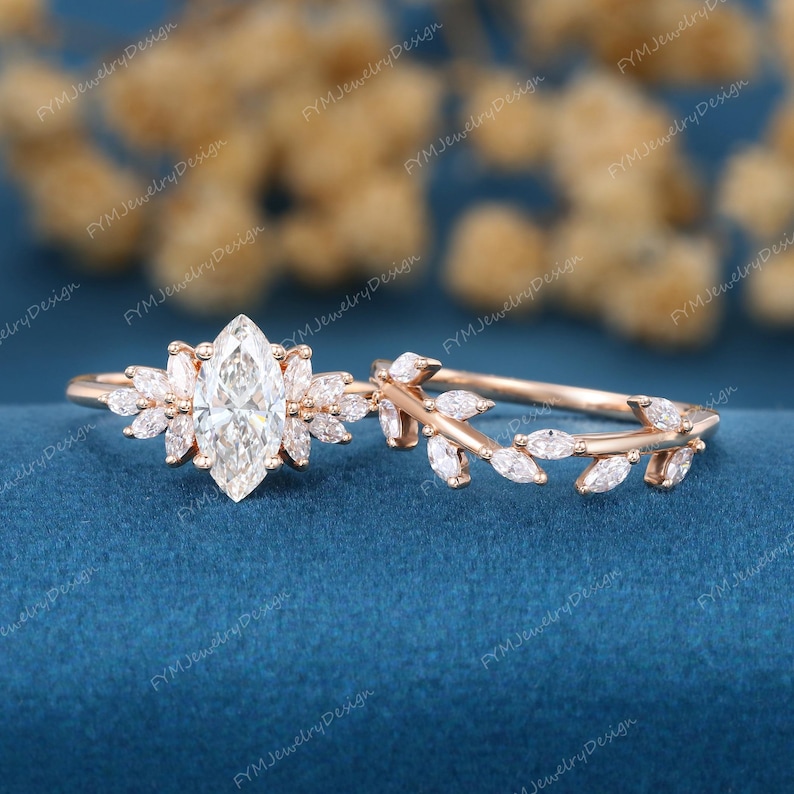 Vintage Marquise Cut Lab-grown Diamond Engagement Ring Unique Rose Gold ...