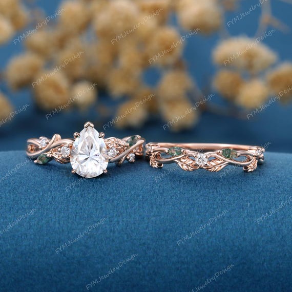 Nature Inspired Pear cut Moissanite Engagement Ring set Vintage Rose gold Engagement Ring Marquise Moss agate + Diamond Wedding Bridal Set