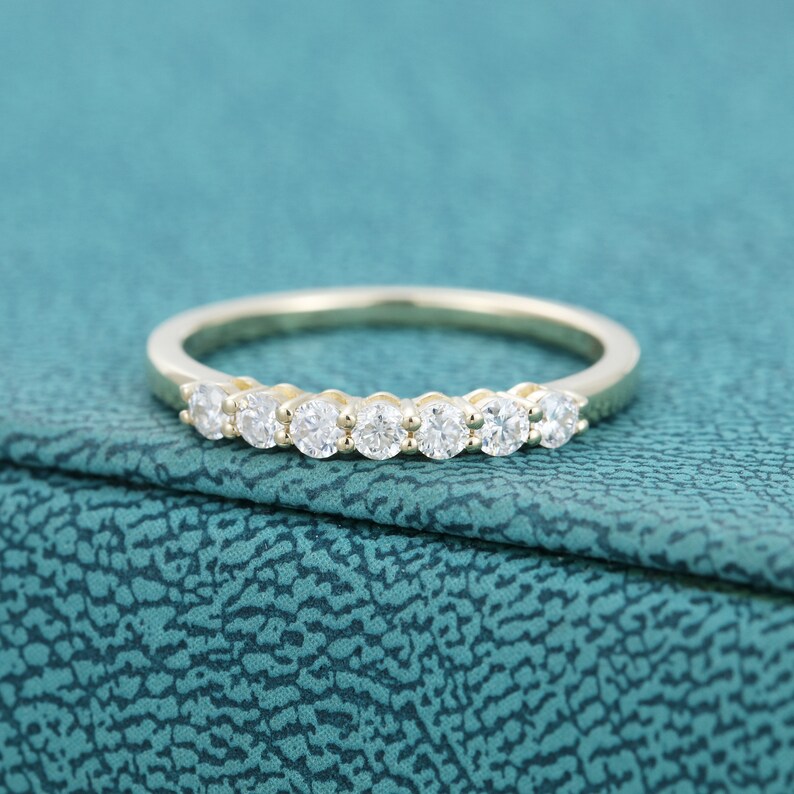 Unique wedding band vintage Yellow gold Seven stone Moissanite Promise Eternity Matching band women Diamond dainty Anniversary gift for her