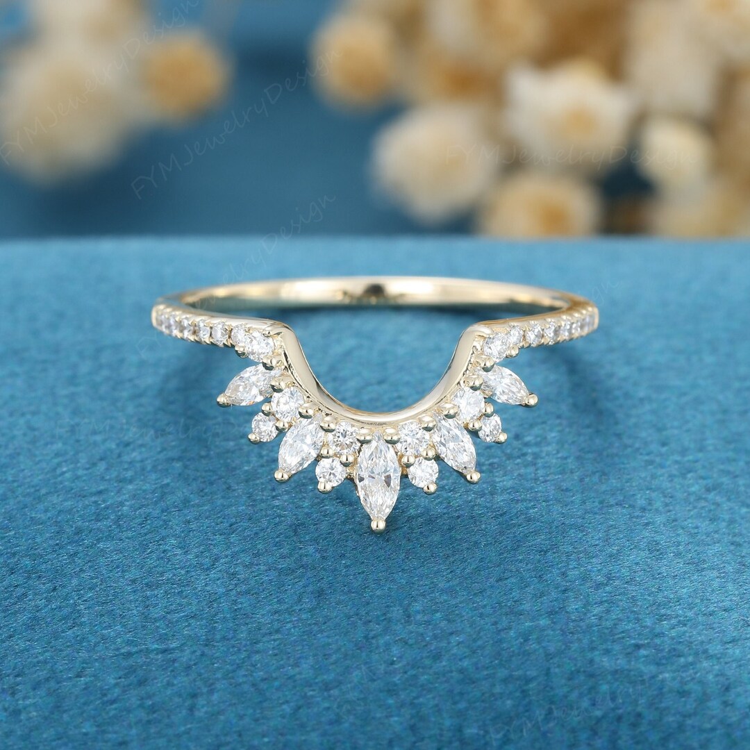 Curved Wedding Band Women Yellow Gold Vintage Unique Marquise Cut ...