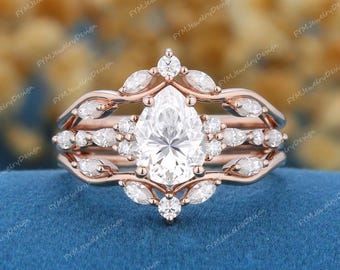 Pear Shaped Moissanite Engagement Ring Set Vintage Rose Gold Cluster Marquise Moissanite Bridal Set Stacking Moissanite Curved Wedding Band