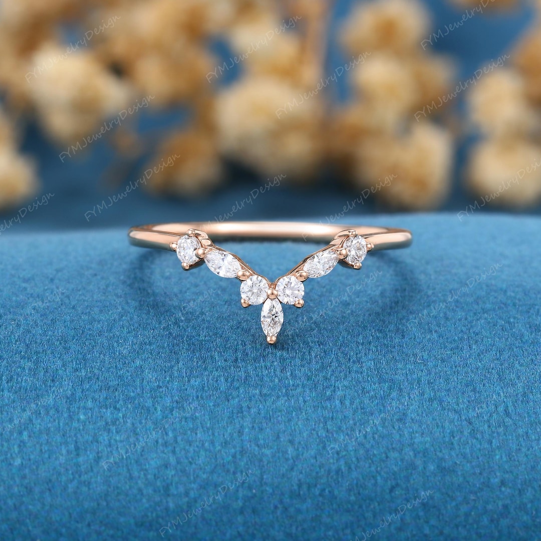 Unique Art Deco Rose Flower Moissanite Curved Wedding Band Rose Gold ...