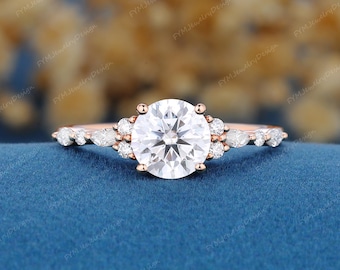 Round cut moissanite engagement ring Vintage 10K/14K/18K Rose Gold floral propose diamond ring Unique bridal promise ring FYMJewelryDesign