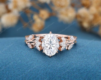 Delicate Oval cut Moissanite engagement ring Unique Marquise cluster Rose gold Diamond wedding Bridal ring Promise Anniversary gift for her