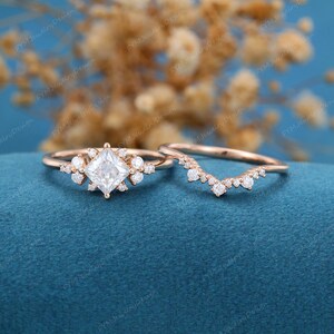 Princess Moissanite Engagement Ring set Rose Gold Engagement Ring unique Cluster Diamond ring Bridal set promise Anniversary Gift for her