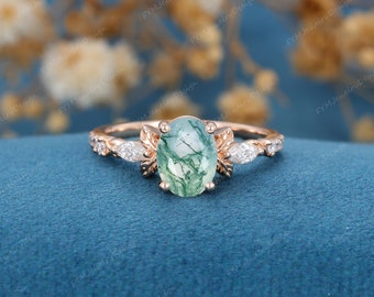 Vintage Oval Cut Moss Agate Engagement Ring rose gold leaf vine half eternity Diamond | Moissanite ring unique bridal wedding ring for her