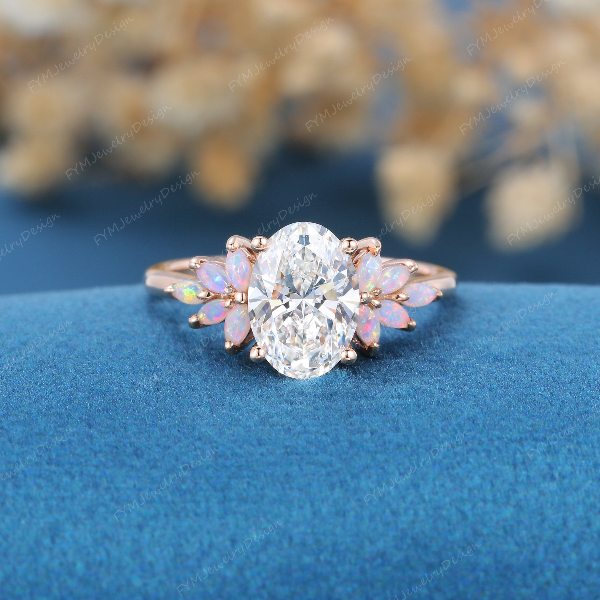 1.5Carat Oval Lab grown diamond Nature Inspired Engagement Ring vintage rose gold engagement ring marquise Opal wedding Bridal Promise gift