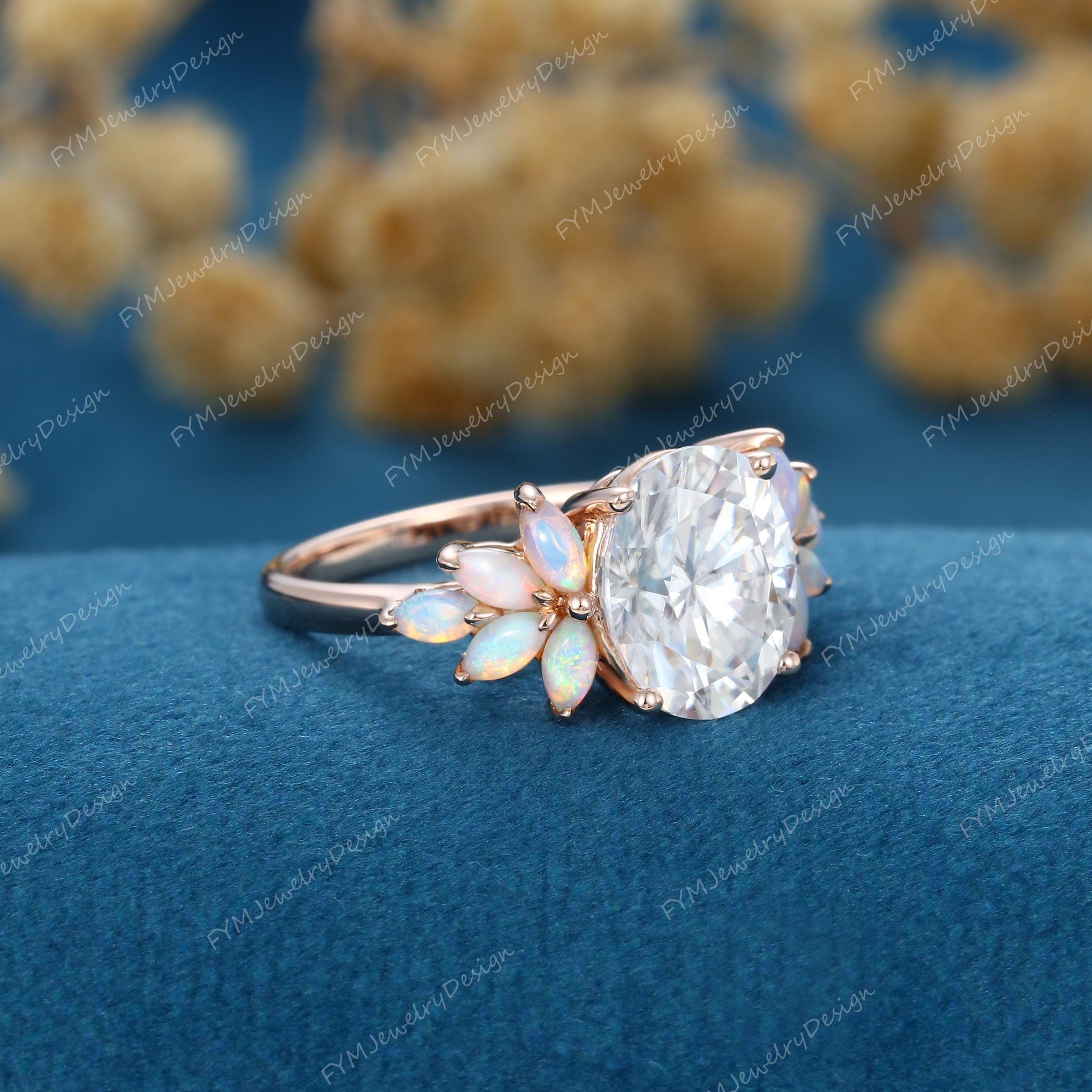 Oval Cut Moissanite Engagement Ring Vintage 14K Rose Gold Flower ...