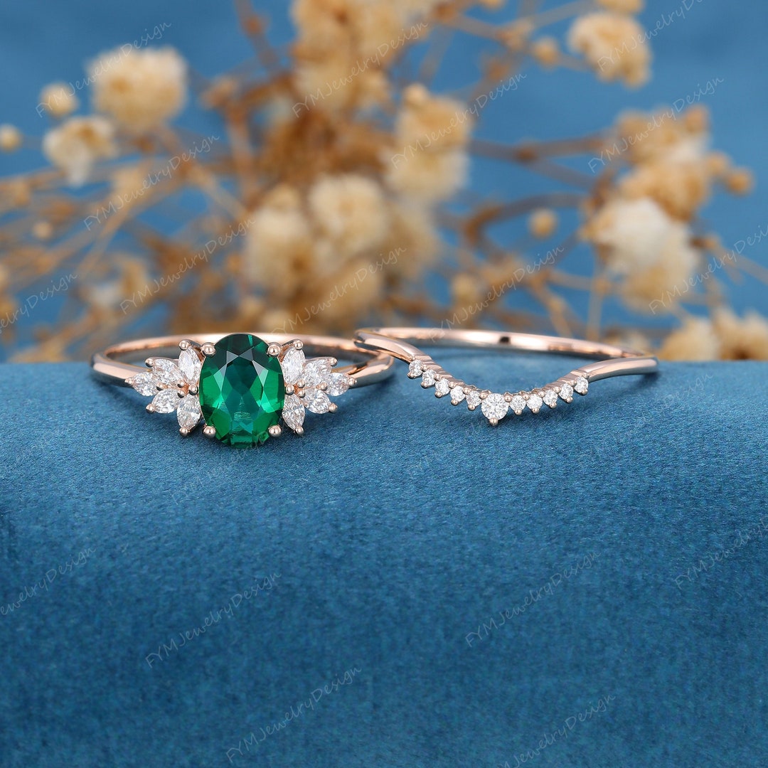 2PCS Oval Cut Emerald Engagement Ring Set Vintage Rose Gold - Etsy