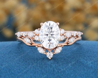 Oval Shaped Moissanite Engagement Ring Set Vintage Rose Gold Cluster Marquise Moissanite Bridal Set Stacking Moissanite Curved Wedding Band