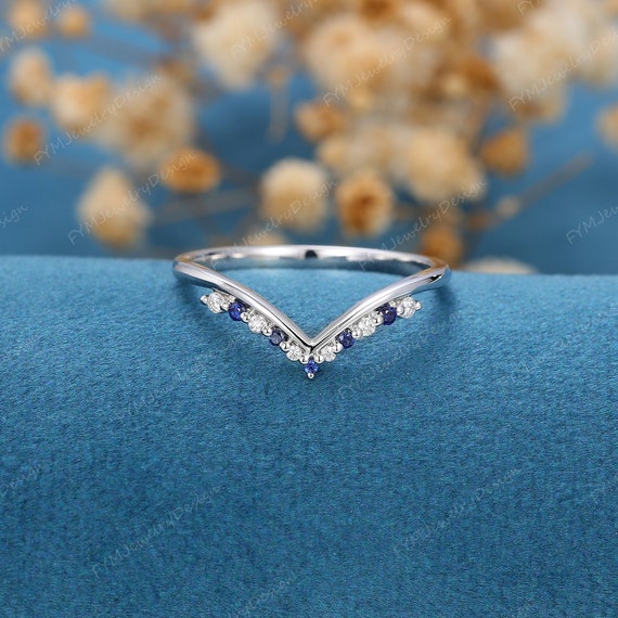 Curved Sapphire Wedding Band Women Unique White Gold Wedding Band