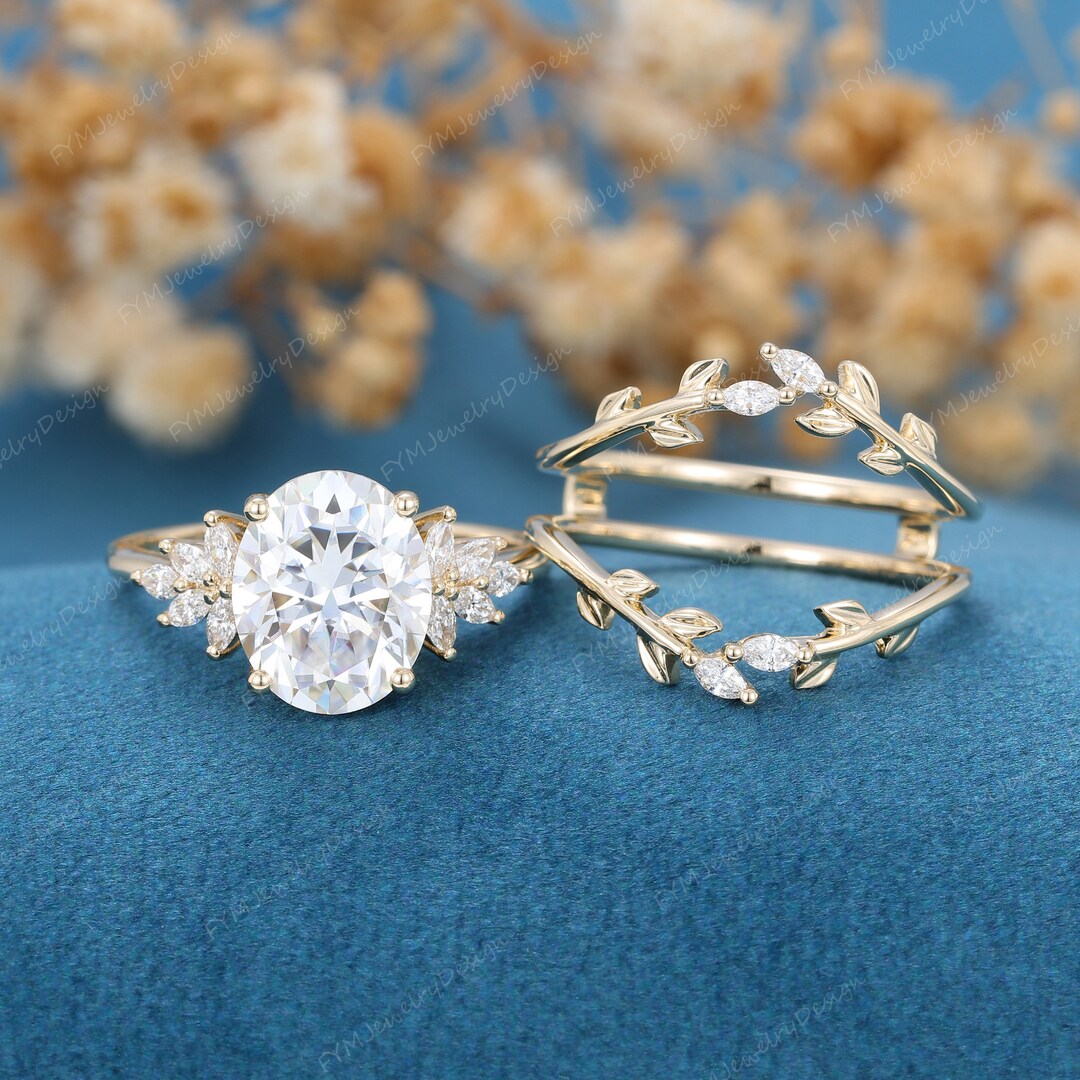 Oval Cut Moissanite Engagement Ring Set Vintage 14k Yellow Gold Large ...
