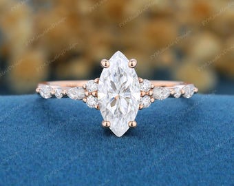 Marquise Shaped moissanite engagement ring Vintage 10K/14K Rose Gold floral propose diamond ring Unique bridal promise ring FYMJewelryDesign