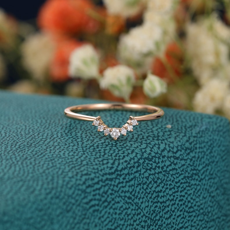 Curved wedding band Rose gold Unique Simple Promise Diamond Mathing band women Handmade custom wedding ring Valentines day gift for her