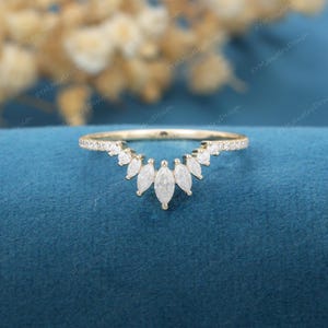 Unique Marquise Moissanite | Diamond Curved Wedding Band Vintage Yellow Gold Half Eternity Matching Wedding Bridal Promise Anniversary gift