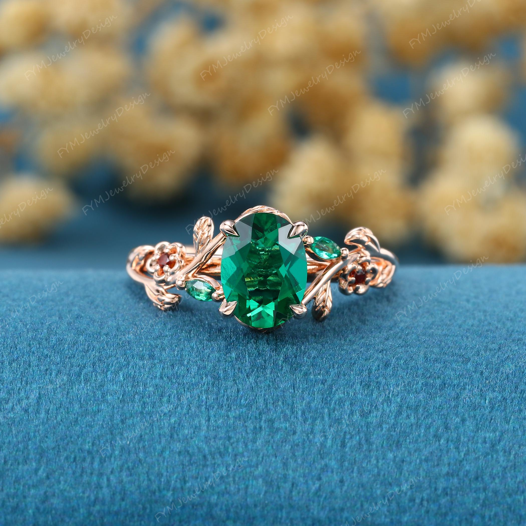 Nature Inspired Oval Lab-grown Emerald Engagement Ring Set Unique Rose gold Leaf design Emerald | Garnet Art Deco Bridal set Promise Gifts