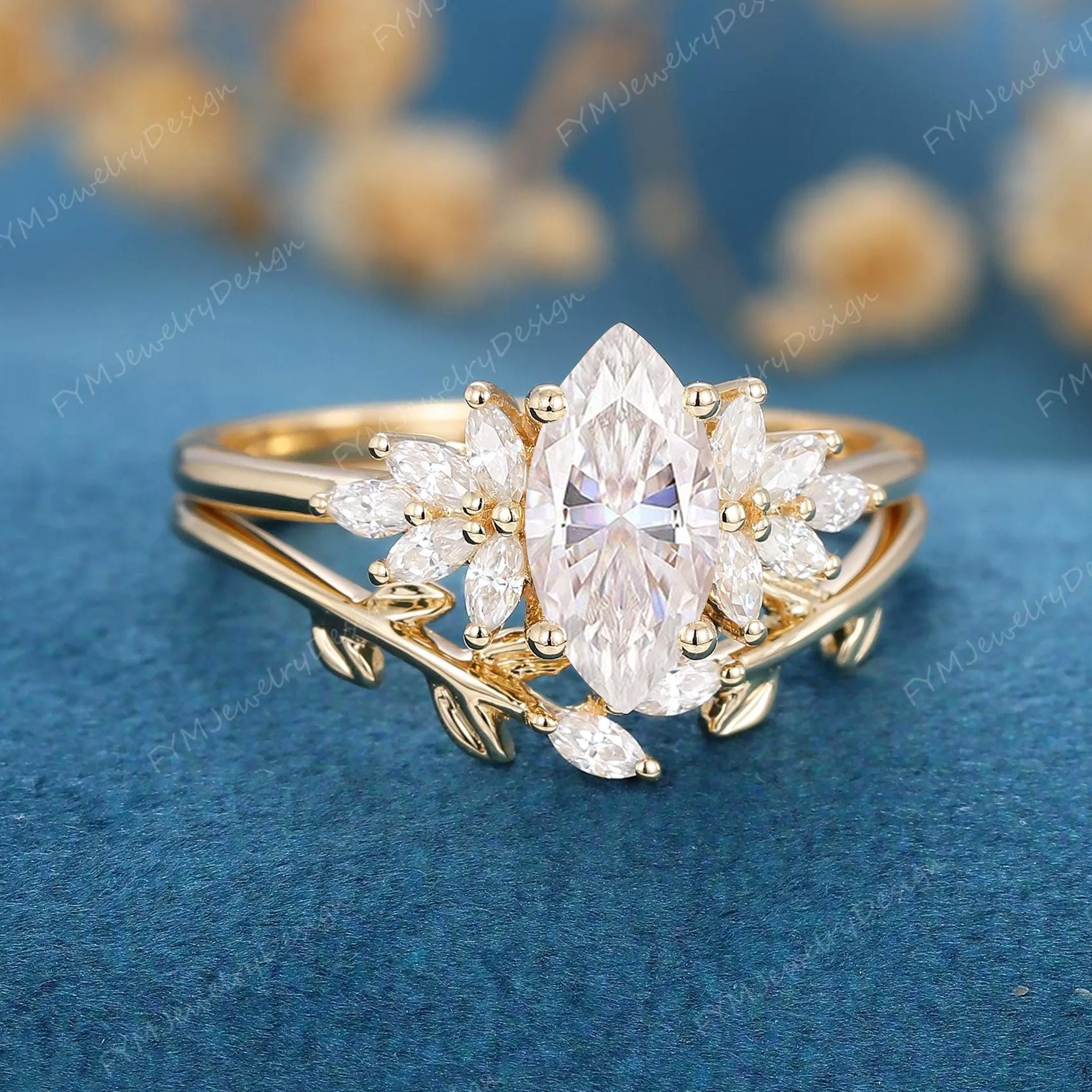 Marquise Cut Moissanite Engagement Ring Vintage 14K Yellow Gold Flower ...