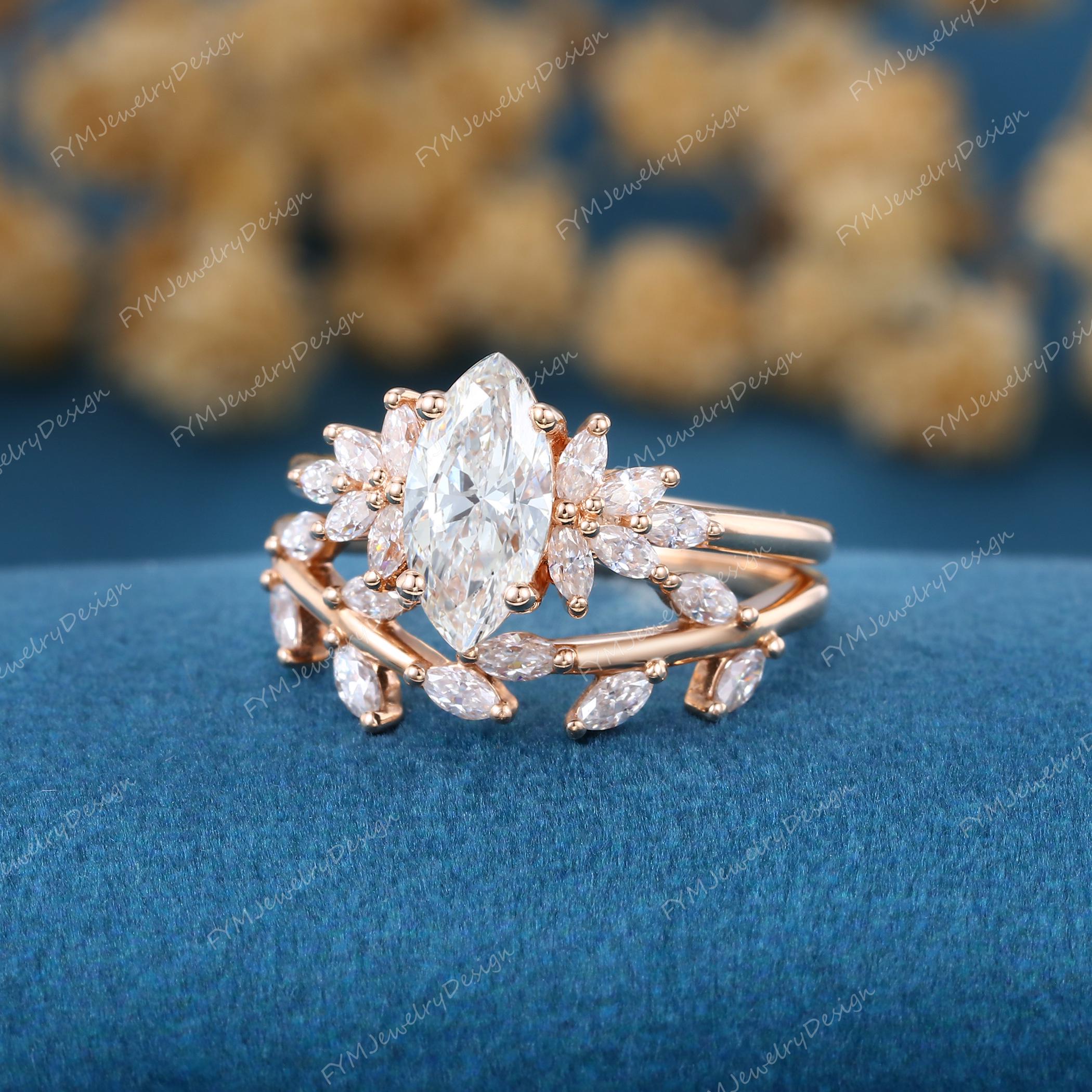 Vintage Marquise Cut Lab-grown Diamond Engagement Ring Unique Rose Gold ...
