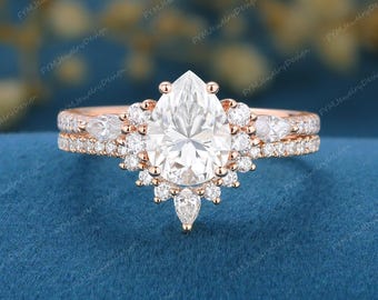 Peervormige moissaniet verlovingsring set vintage roségouden cluster marquise moissaniet bruids set stapelen moissaniet gebogen trouwring
