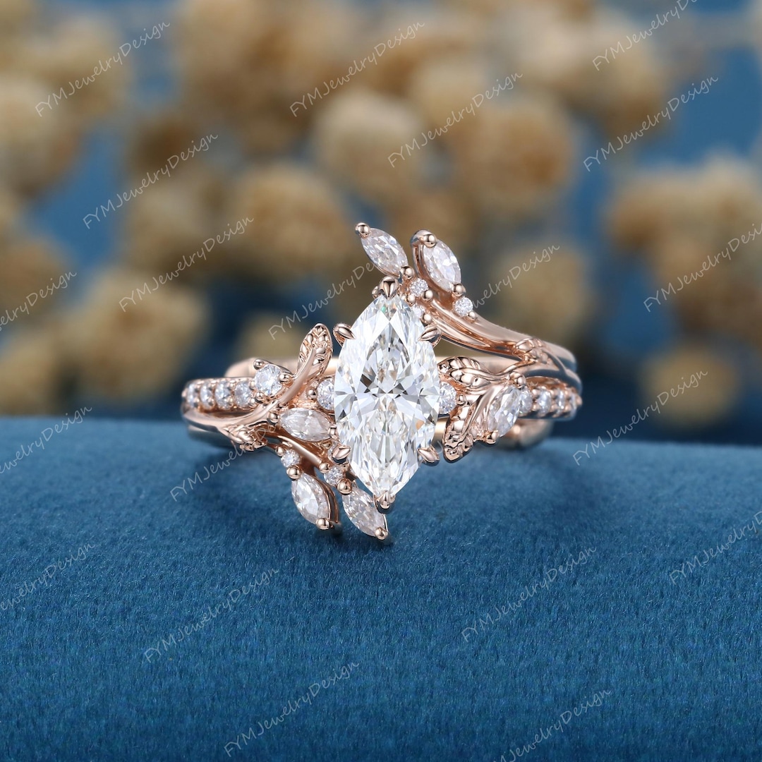 Marquise Cut Lab Grown Diamond Engagement Ring Set 14K Rose Gold ...