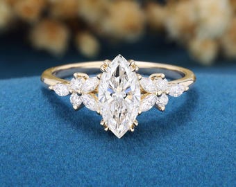 Marquise Lab Diamond Engagement Ring, Vintage Cluster Design, IGI Certified (1.0ct) Diamond Bridal Ring 14K Yellow Gold Promise Women Gifts