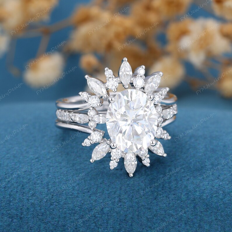 3PCS Oval Cut Moissanite Engagement Ring Set 3CT Vintage 14k White Gold ...