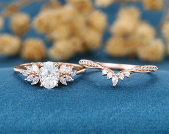 Oval cut Lab-Grown Diamond Engagement Ring Vintage Rose Gold Engagement Ring Art deco Lab-Grown Diamond Wedding Bridal Set Gift for women