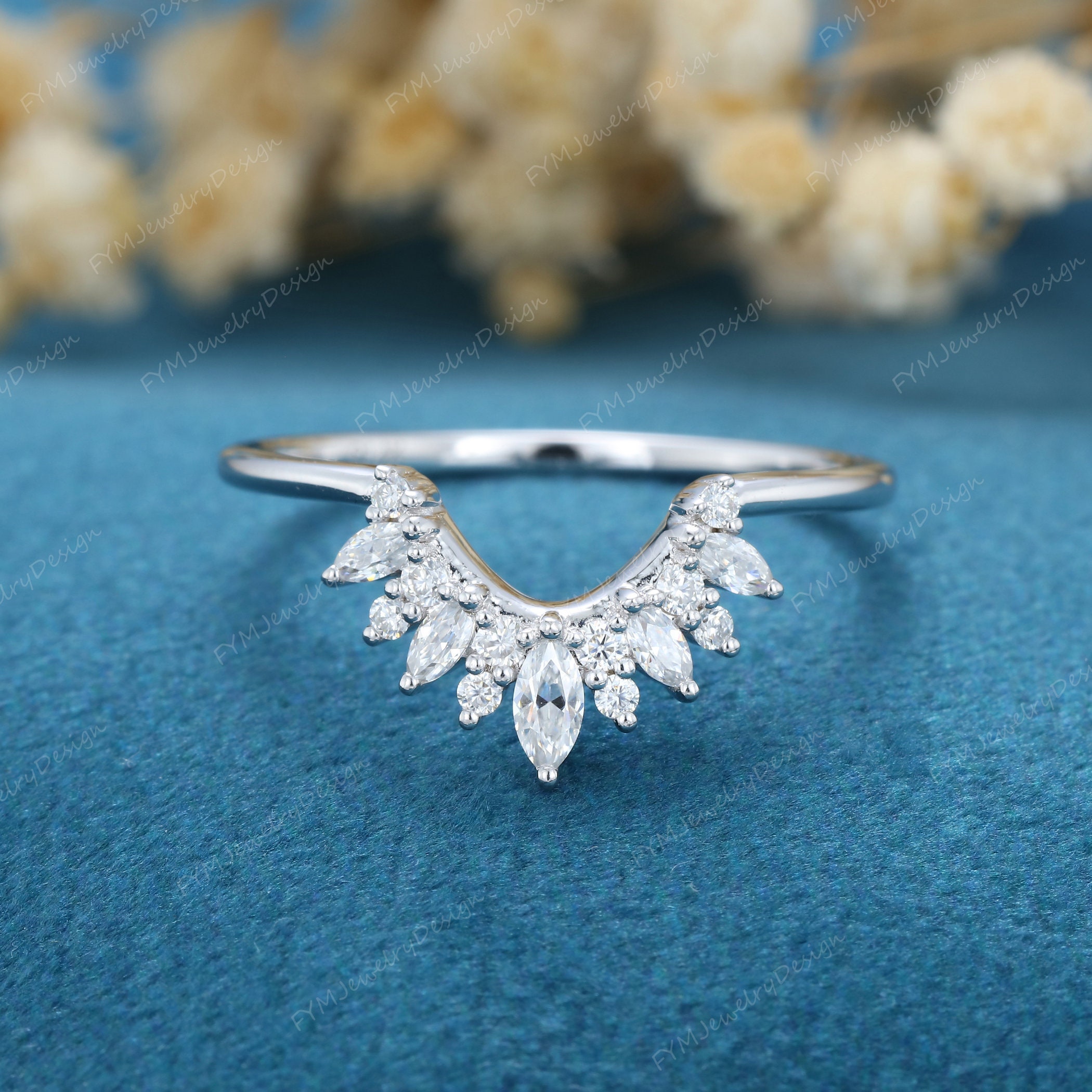 Unique vintage wedding band women Curved wedding band white gold Marq…