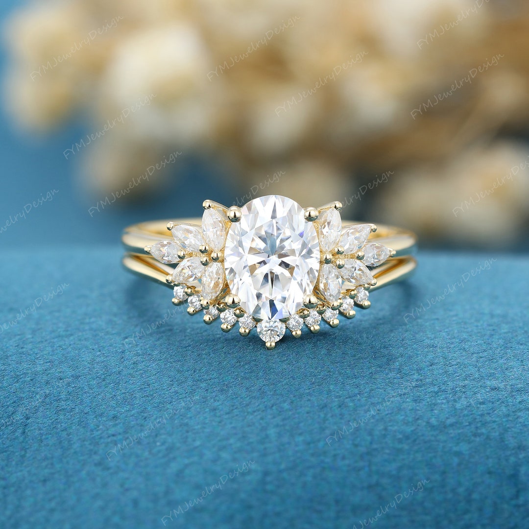 Oval Cut Moissanite Engagement Ring Set Vintage Yellow Gold Cluster ...