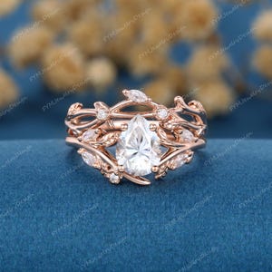 Pear Moissanite Engagement Ring Set: Rose Gold Art Deco Bridal Set