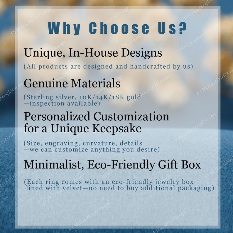 May include: A graphic with the text "Why Choose Us?" lists the benefits of the jewelry. The benefits include unique designs, genuine materials, personalized customization, and an eco-friendly gift box.