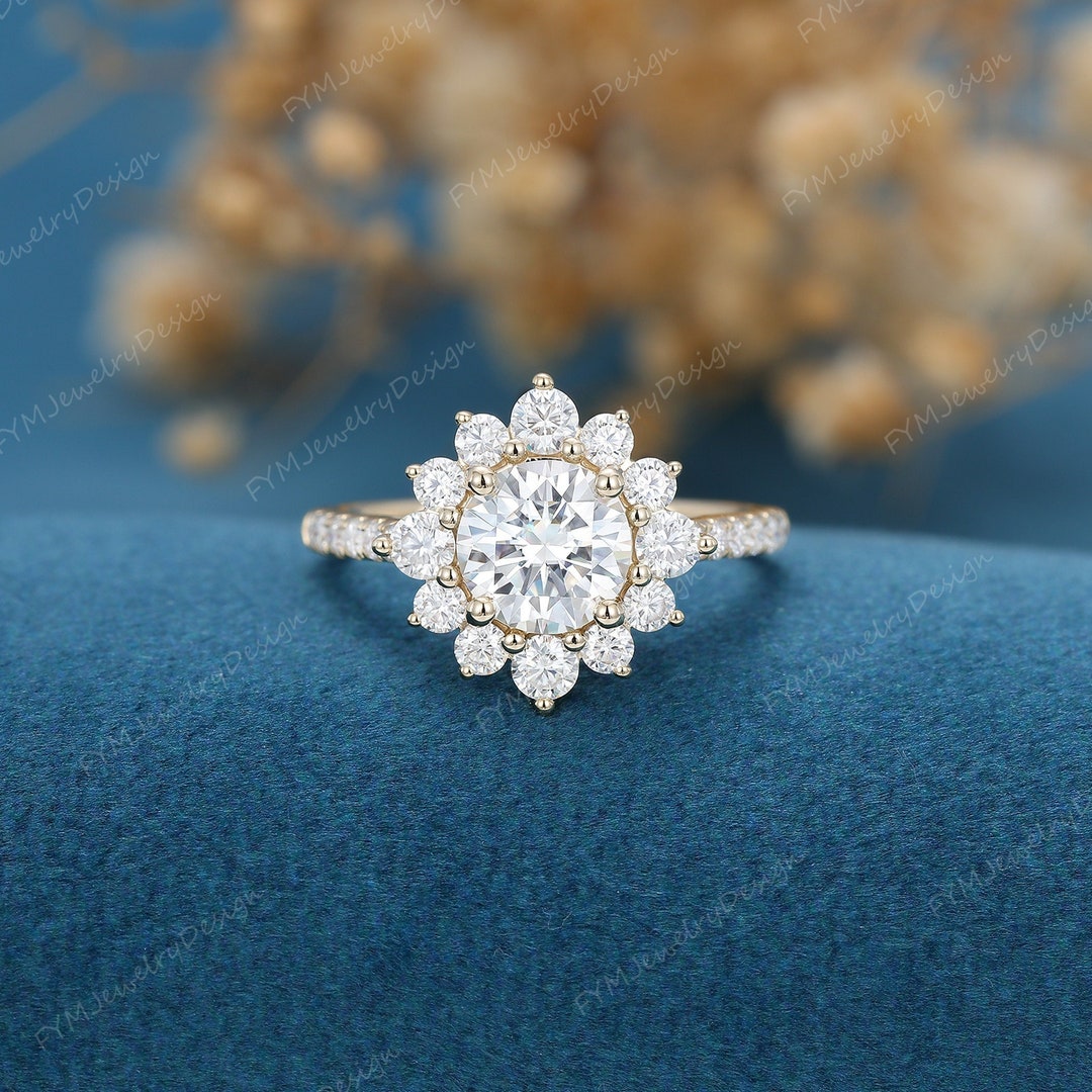 Unique Moissanite Flower Engagement Ring Yellow Gold Halo Engagement