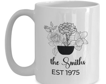 Familien-Geburts-Blumengeschenk, kundenspezifische Familie Birthdates Becher, Geburts-Monats-Blumen-Kaffeetasse, Blumenstrauß-Becher, personalisieren botanisches Familien-Blumengeschenk