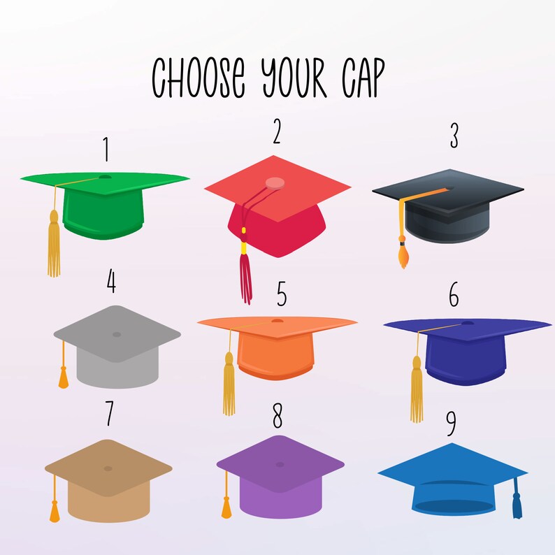 Puede incluir: Nueve gorros de graduaci&oacute;n en diferentes colores, numerados del 1 al 9. Los gorros son todos del mismo estilo, con una borla negra. El texto "CHOOSE YOUR CAP" est&aacute; en la parte superior de la imagen.