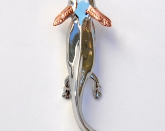 Sterling Silver Axolotl Pendant Necklace: Rose Gold Accent, Amphibian Jewelry