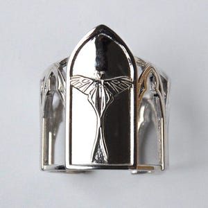 Gothic cathedral ring with Embossed Luna moth, Luna moth ring, Moth statement piece, Cathedral-style band
