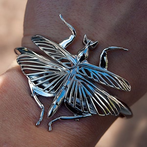 Sterling Silver Orchid Praying Mantis Cuff Bracelet