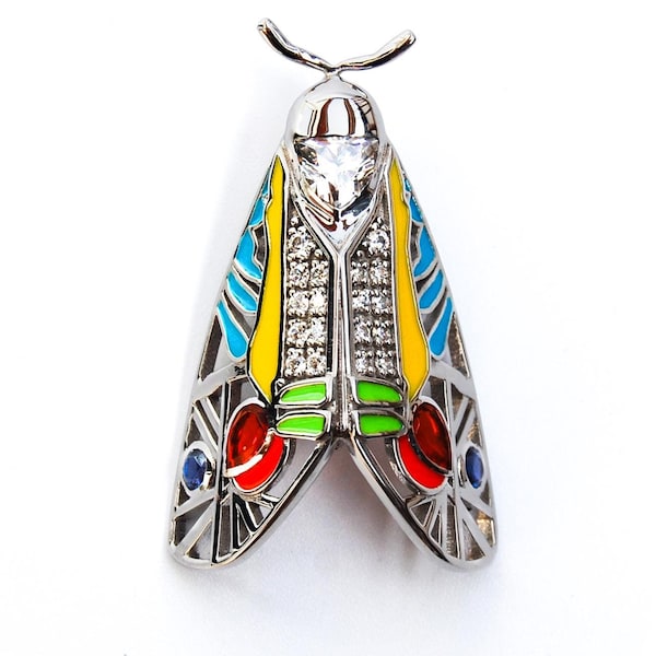 Sterling Silver Picasso Moth Pendant: Enamel & Zirconia Insect Jewelry