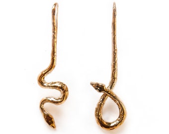 Asymmetrical Snake Drop Earrings: Engraved Bronze Serpent Jewelry
