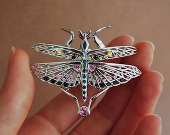 Orchid praying mantis, Silver praying mantis pendant, Mantis jewelry with crystals, Mantis necklace, Chain not included