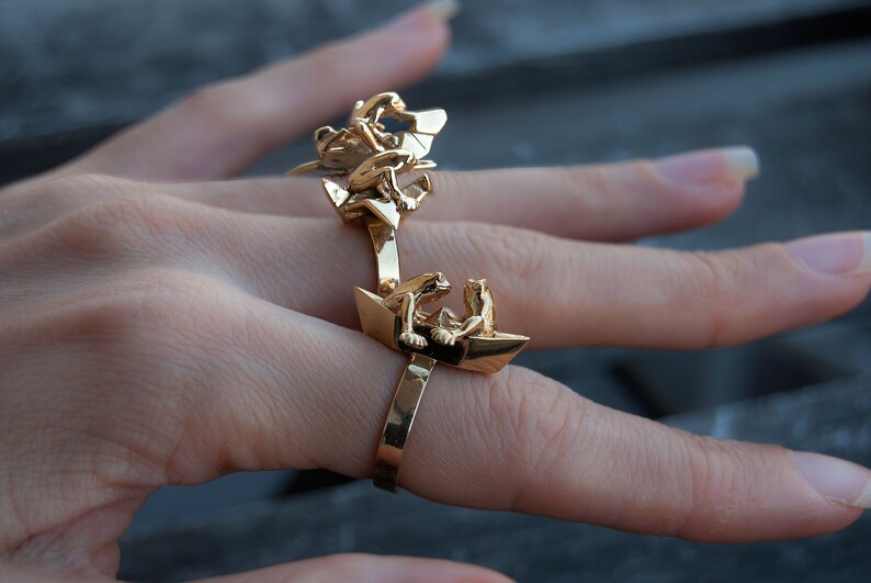 Origami Boat Ring Frogs in Gold Paper Boat Frog Ring Etsy Canada