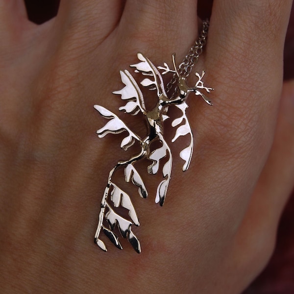 Leafy Seadragon Pendant, Solid 925 Sterling Silver Sea dragon Necklace, Seahorse Ocean sealife Jewelry